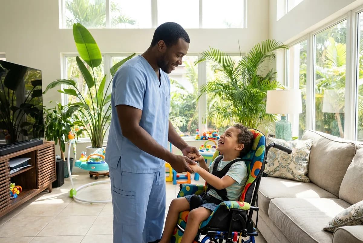 Focus Family Care caregiver supporting a smiling teenager who uses a wheelchair at home