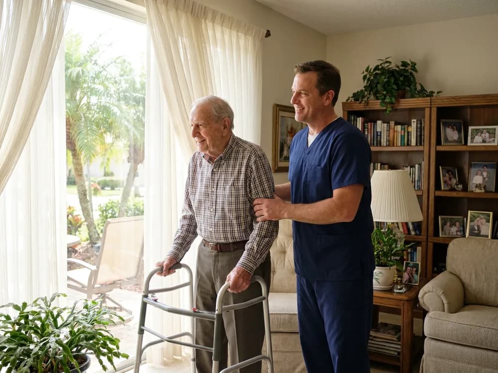 Focus Family Care home health aide helping a senior man walk safely with a walker at home