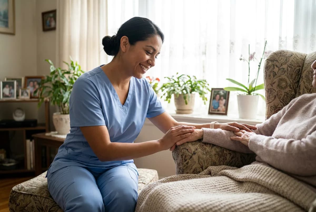 Focus Family Care aide gently caring for a peaceful elderly woman resting at home during hospice support