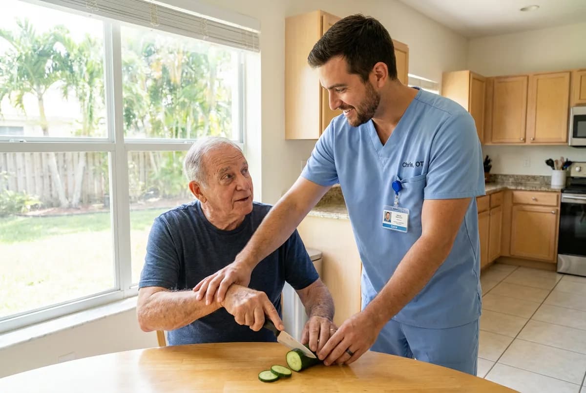 Focus Family Care occupational therapist helping a senior man relearn a daily task in his kitchen