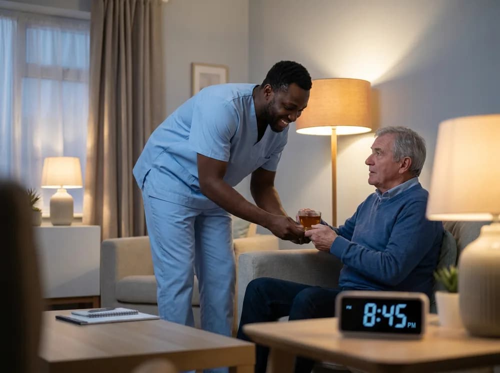 Caregiver bringing evening tea to a senior man during 24-hour home care