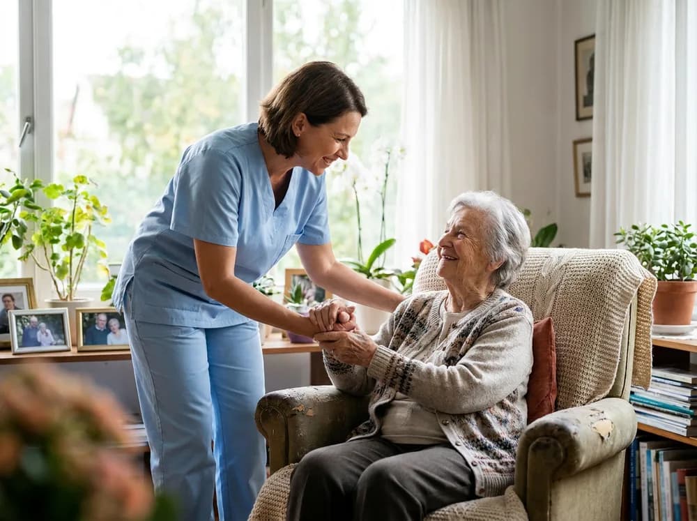 Caregiver looking through a photo album with a senior during memory care at home