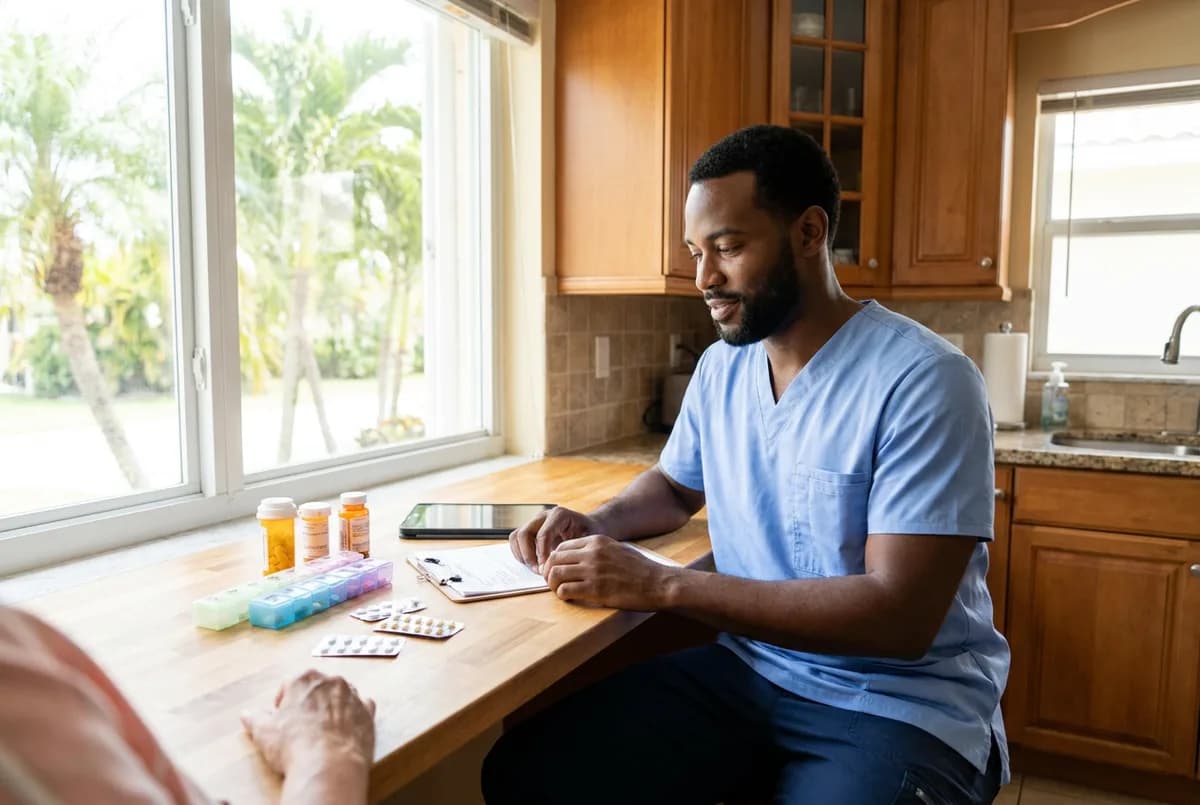 Home health nurse organizing a client's medications at home