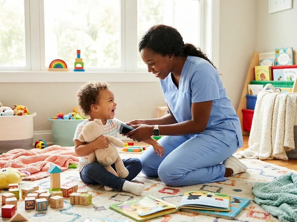 Pediatric nurse caring for a smiling child at home