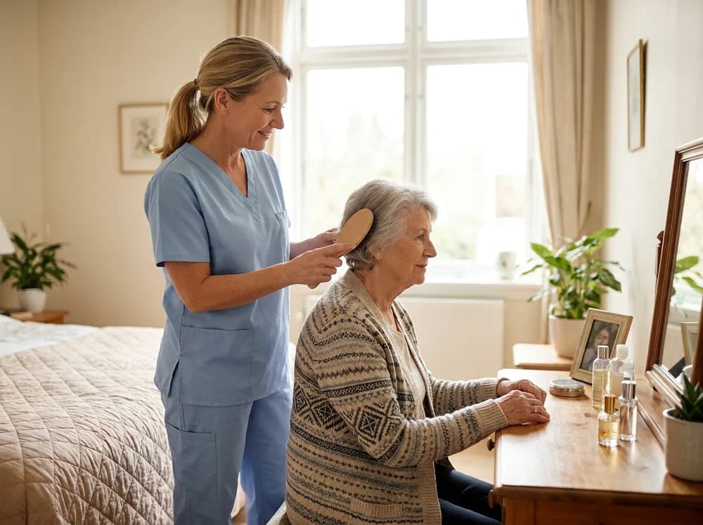 Caregiver respectfully assisting an adult client with grooming at home