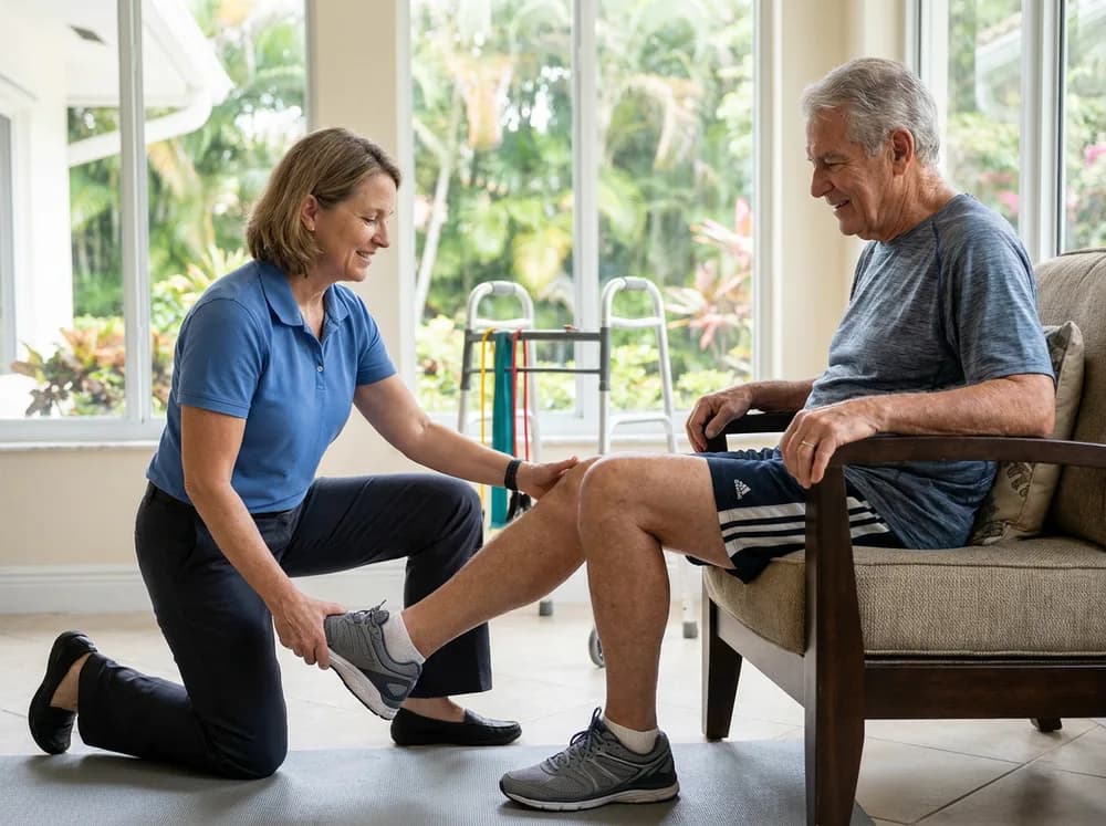 Physical therapist helping a client with mobility exercises at home