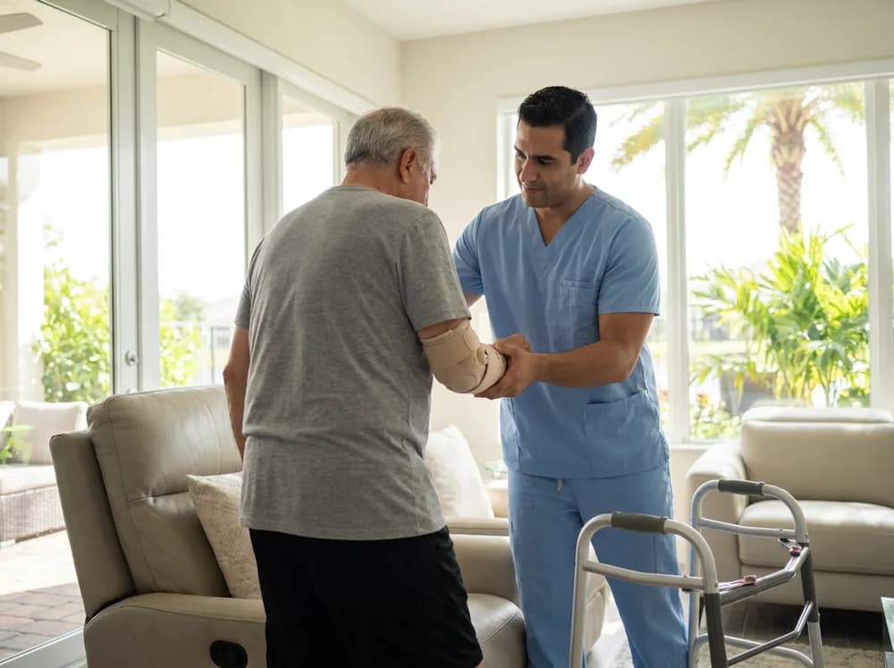 Home health nurse helping an adult woman recover after surgery at home