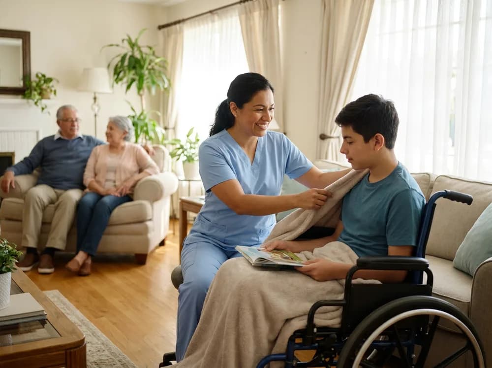Home health nurse caring for a young child while a parent rests, respite care