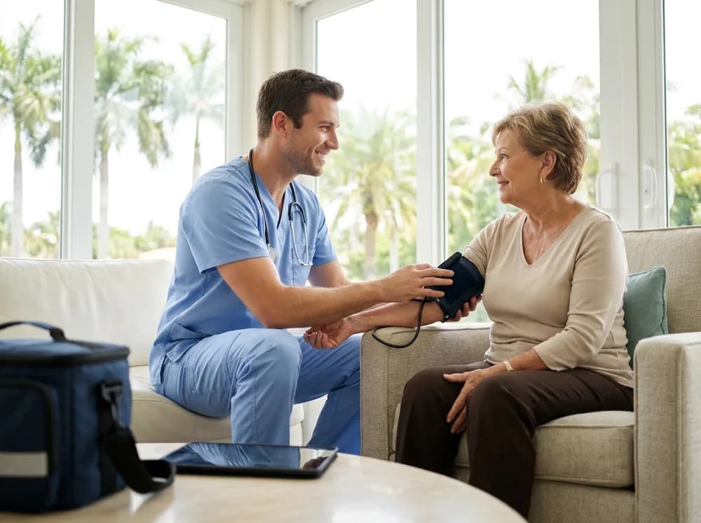 Home health nurse checking the vitals of a young adult client at home