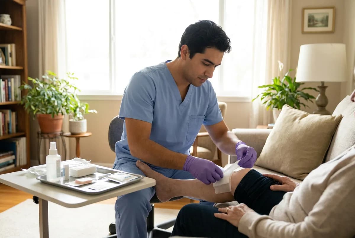 Home health nurse changing a wound dressing for a client at home